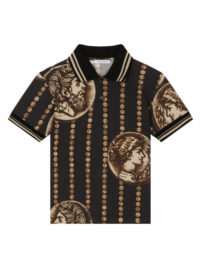 Dolce & Gabbana Kids' Coin-print Cotton Polo Shirt In Brown