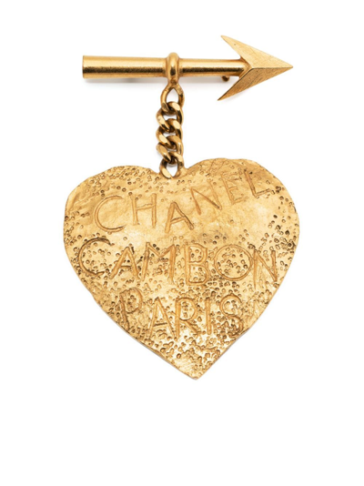 Pre-owned Chanel 1993 Bow And Heart Brooch In Gold