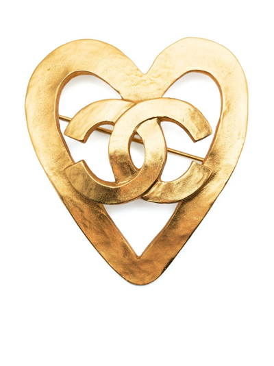 Pre-owned Chanel 1995 Cc Heart Brooch In Gold