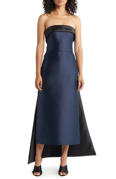 Amsale Two-tone Strapless Watteau Gown In Navy Black