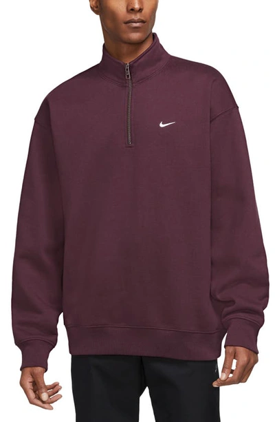 Nike Solo Swoosh Oversize Quarter Zip Sweatshirt In Night Maroon/ White