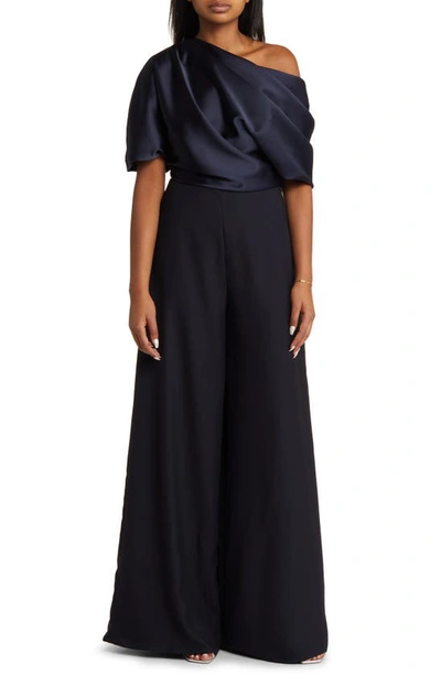 Amsale One Shoulder Wide Leg Jumpsuit In Navy