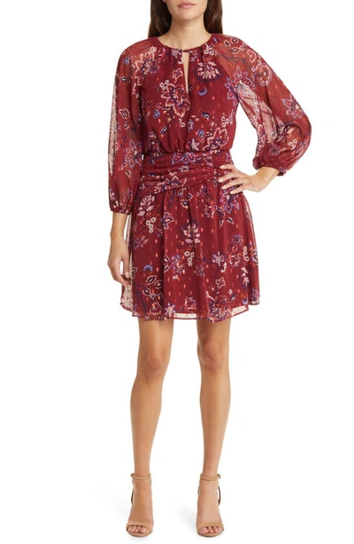 Vince Camuto Floral Print Metallic Clip Dot Chiffon Dress In Red Multi