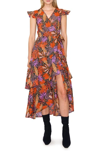 Melloday Floral Print Flutter Sleeve Faux Wrap Midi Dress In Taupe Multi