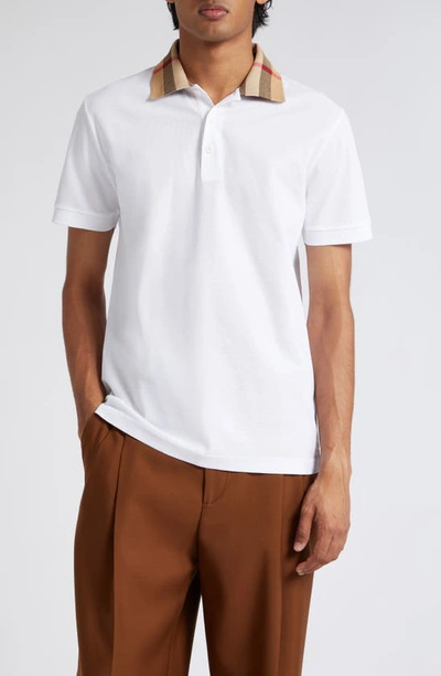 Burberry Men's Pique Polo Shirt With Check Collar In White