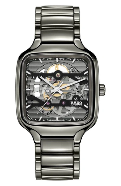 Rado Unisex Swiss Automatic True Square Skeleton Gray High-tech Ceramic Bracelet Watch 38mm