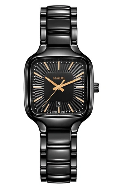 Rado Women's Swiss True Square Black High-tech Ceramic Bracelet Watch 29mm In Black / Gold Tone