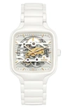 Rado Unisex Swiss Automatic True Square Skeleton White High-tech Ceramic Bracelet Watch 38mm In White