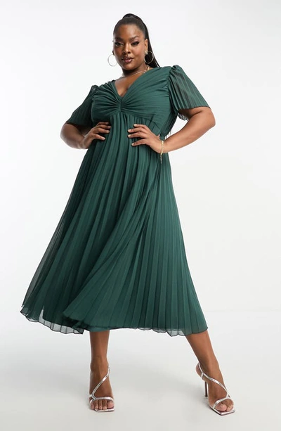 Asos Design Pleated Bodice Flutter Sleeve Pleat Midi Dress In Pine Green