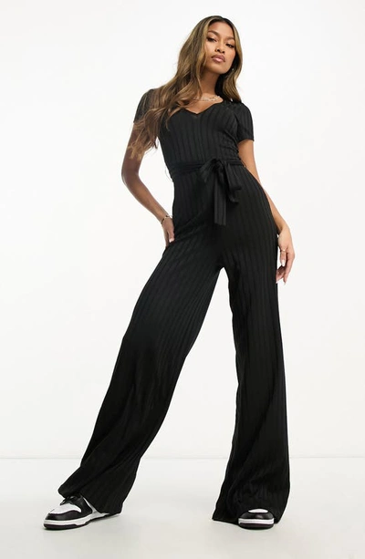 Asos Design Jersey Rib Wide Leg Jumpsuit With Short Sleeves In Black