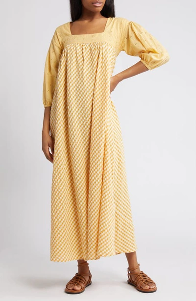 Asos Design Broderie Gingham Mix Midi Dress In Yellow-multi