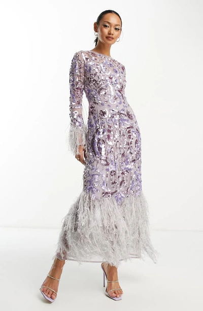 ASOS DESIGN EDITION SEQUIN EMBELLISHED FRINGE TRIM LONG SLEEVE COCKTAIL DRESS 