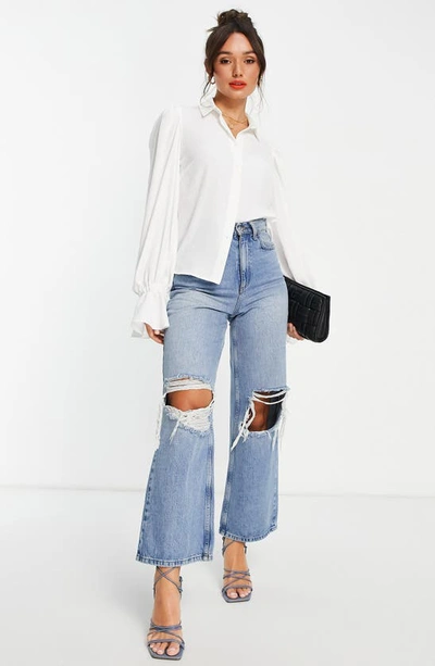 Asos Design Volume Sleeved Soft Shirt With Ruffle Cuffs In Ivory-white
