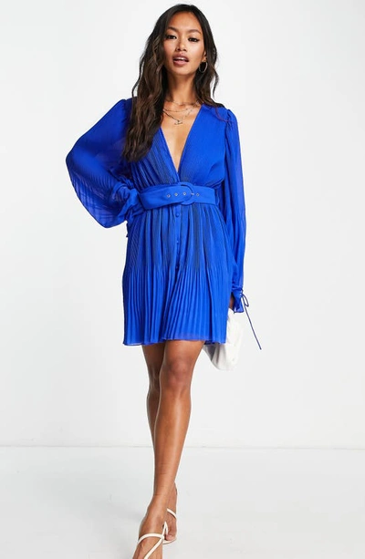 Asos Design Pleated Long Sleeve Dress In Medium Blue