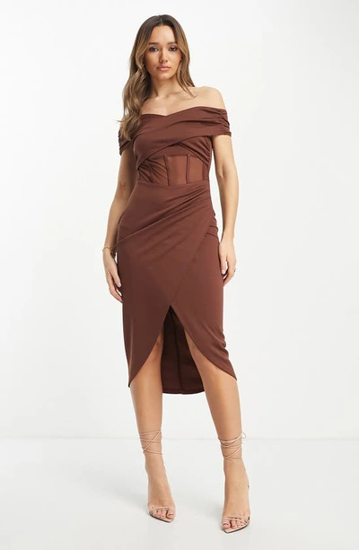 Asos Design Off The Shoulder Corset Bodice Cocktail Dress In Brown