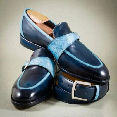 Pre-owned Handmade Buy Bespoke Dress Shoe, Two Tone Blue Leather Slip On Loafers Monk Strap Shoes