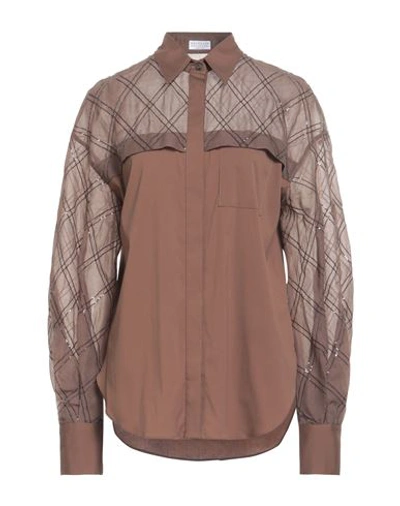 Brunello Cucinelli Woman Shirt Light Brown Size M Cotton, Polyamide, Elastane, Polyester, Silk In Beige