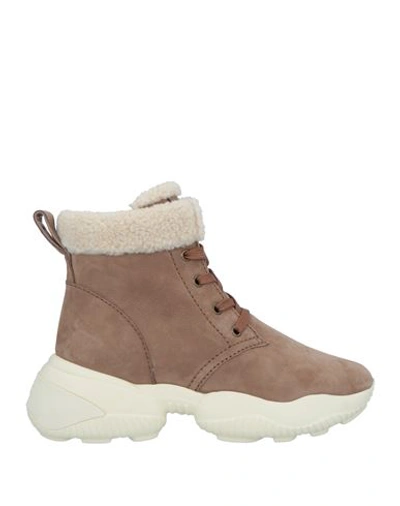 Hogan Woman Ankle Boots Light Brown Size 11 Soft Leather, Textile Fibers In Beige