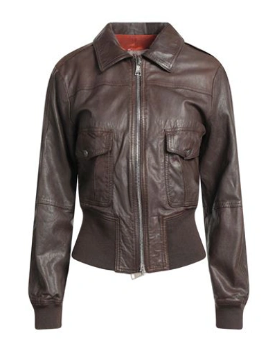 Stewart Woman Jacket Dark Brown Size 6 Lambskin, Polyester