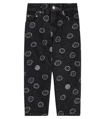 Molo Kids' Aiden Smiley-face Print Jeans In Happiness Black