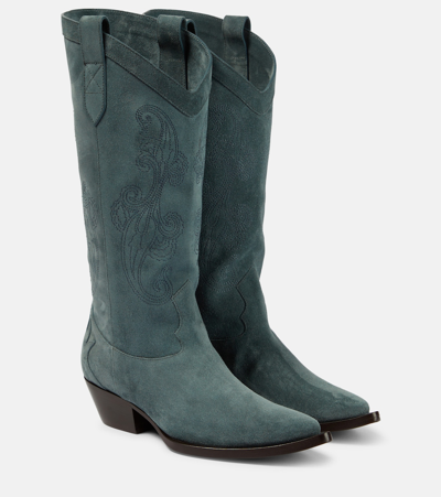 Etro Embroidered Suede Leather Boots In Blue