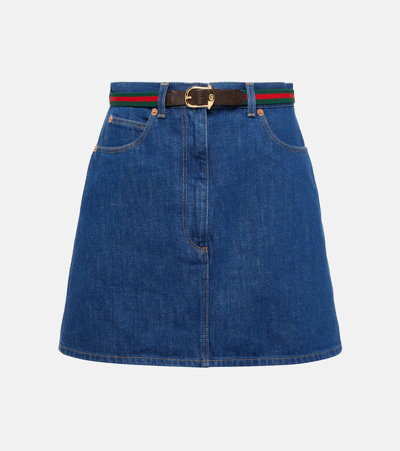 Gucci Belted Denim Mini Skirt In Blue