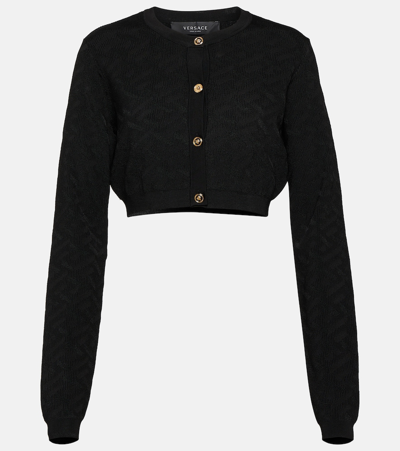 Versace Logo Jacquard Knit Crop Cardigan In Black