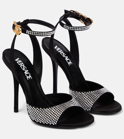 Versace Crystal-embellished Satin Sandals In Black