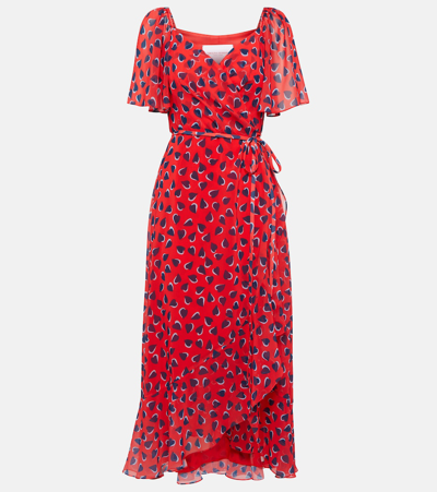 Carolina Herrera Heart-print Flutter-sleeve Wrap Midi Dress With Ruffle Hem In Red
