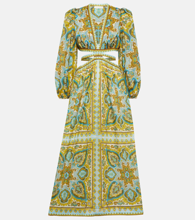 Zimmermann Cutout Paisley-print Cotton-voile Midi Dress In Yellow,light Blue