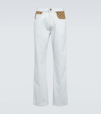 Gucci Gg Detail Washed Organic Cotton Jeans In Light Blue,beige