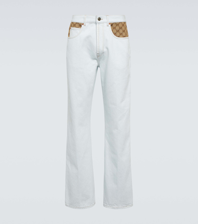 Gucci Washed Organic Denim Pant With Gg In Light Blue,beige