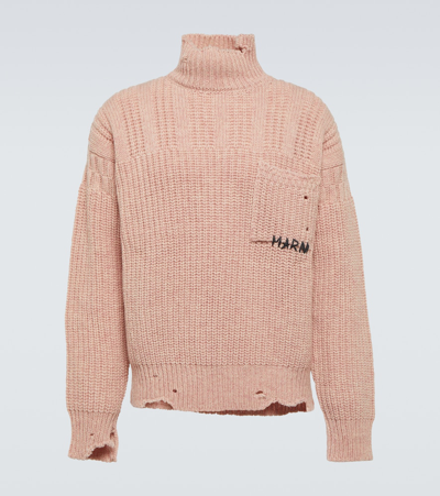 Marni Distressed Virgin Wool Turtleneck Sweater In Pink