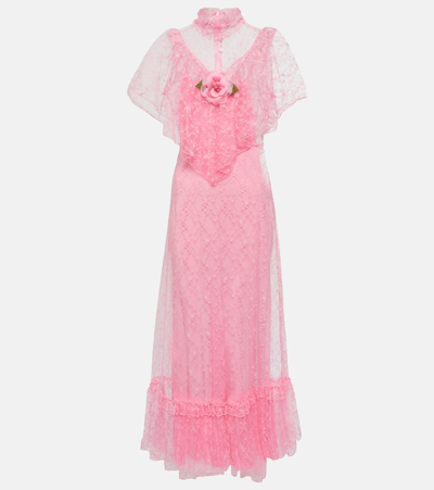 Rodarte Rose-embellished Tulle-overlay Midi Dress In Pink