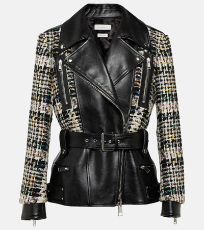 Alexander Mcqueen Belted Leather Moto Jacket With Tweed Detail In Black Multicolor