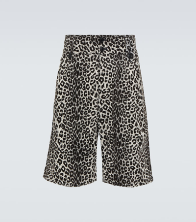 Visvim Coronel Wide-leg Leopard-print Cotton And Linen-blend Corduroy Shorts In Grey