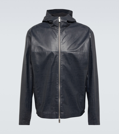 Berluti Scritto Printed B-way Leather Jacket In Blue