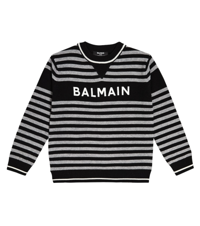 Balmain Kids'  Pullover Grigio E Nero A Righe In Lana Vergine Bambino In Grey