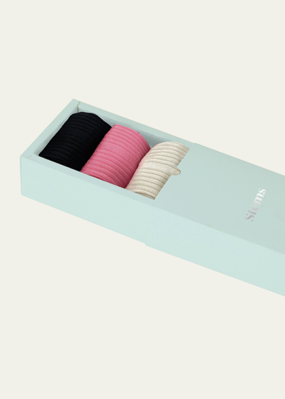 Stems Silky Rib-knit Crew Socks 3-pack In Ivory/black/pink