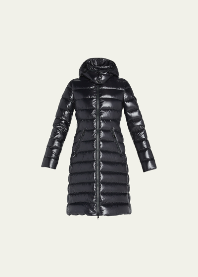 Moncler Moka Shiny Fitted Puffer Coat With Hood In Black