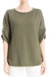 Max Studio Ruched Elbow Sleeve Waffle Knit Top In Army