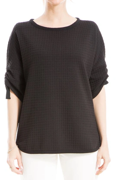 Max Studio Ruched Elbow Sleeve Waffle Knit Top In Black