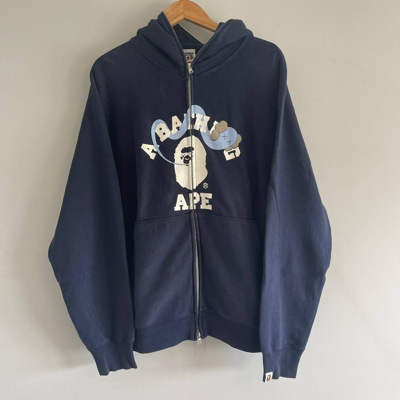 Pre-owned Bape Og X Kaws Bendy College Logo Zip Up Hoodie In Navy