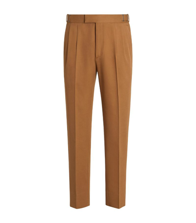 Zegna Cotton-wool Ankle-detail Trousers In Medium Brown United
