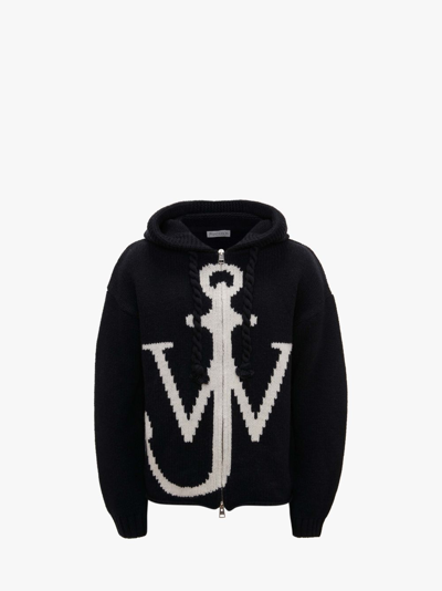 Jw Anderson Logo Jacquard Wool Knit Zip Front Hoodie In Black