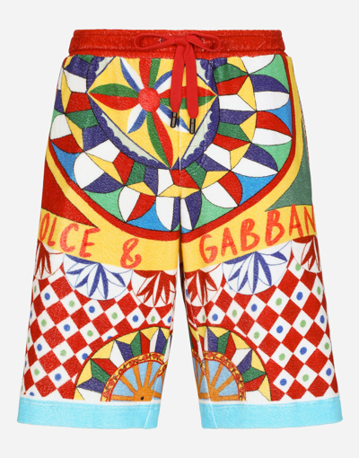 Dolce & Gabbana Terry Jersey Jogging Shorts With Carretto Print In Tan