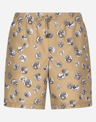 Dolce & Gabbana Coin Print Swim Shorts In Beige