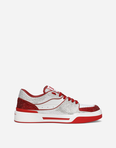 Dolce & Gabbana Calfskin New Roma Sneakers With Fusible Rhinestones In White_red