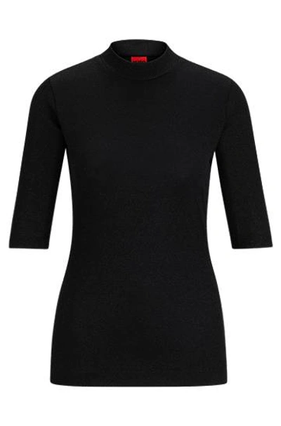 Hugo Mock-neck Sweater With Short Sleeves And Ribbed Structure In Black