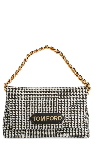 Tom Ford Mini Logo Label Plaid Wool Handheld Bag In 3nw04 Black/ Chalk Black